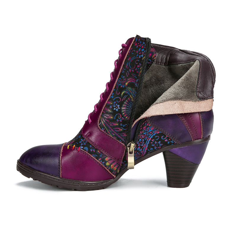 CrazycatZ Women's Bohemian Leather Boots - Block Heel Mid Calf Booties, Colorful Spliced Pattern, Side Zip