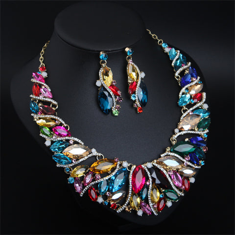 Women Costume Jewelry Sets Rhinestone Crystal Bib Chunky Collar Statement Necklace and Earing