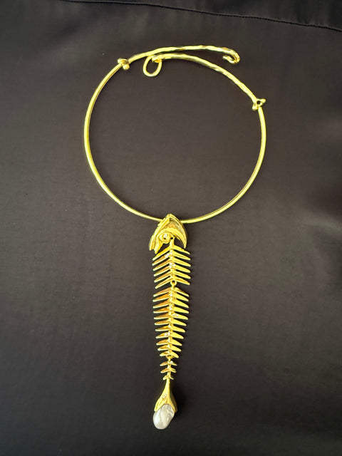 Gold Fish Skeleton Choker Necklace | Sculptural Pearl Accent Statement Jewelry