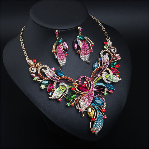 Women Costume Jewelry Sets Rhinestone Crystal Bib Chunky Collar Statement Necklace and Earing