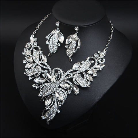 Women Costume Jewelry Sets Rhinestone Crystal Bib Chunky Collar Statement Necklace and Earing