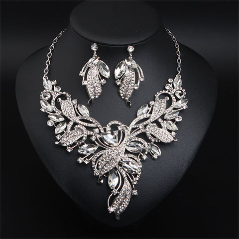 Women Costume Jewelry Sets Rhinestone Crystal Bib Chunky Collar Statement Necklace and Earing