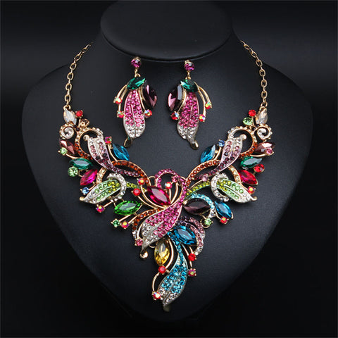 Women Costume Jewelry Sets Rhinestone Crystal Bib Chunky Collar Statement Necklace and Earing