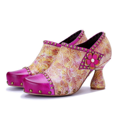 Womens Hot Pink Blossom Oxford Pumps - Hand-Painted Floral Chunky Heel Shoes (7cm) - Leather & Fabric Artisan Crafted