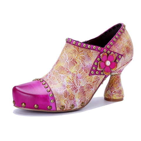 Womens Hot Pink Blossom Oxford Pumps - Hand-Painted Floral Chunky Heel Shoes (7cm) - Leather & Fabric Artisan Crafted
