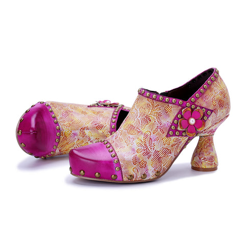 Womens Hot Pink Blossom Oxford Pumps - Hand-Painted Floral Chunky Heel Shoes (7cm) - Leather & Fabric Artisan Crafted