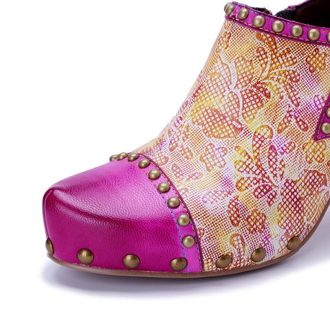 Womens Hot Pink Blossom Oxford Pumps - Hand-Painted Floral Chunky Heel Shoes (7cm) - Leather & Fabric Artisan Crafted