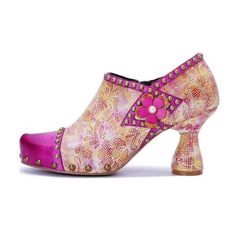 Womens Hot Pink Blossom Oxford Pumps - Hand-Painted Floral Chunky Heel Shoes (7cm) - Leather & Fabric Artisan Crafted