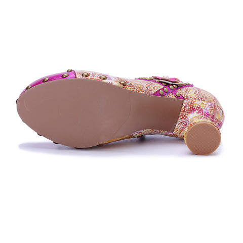 Womens Hot Pink Blossom Oxford Pumps - Hand-Painted Floral Chunky Heel Shoes (7cm) - Leather & Fabric Artisan Crafted