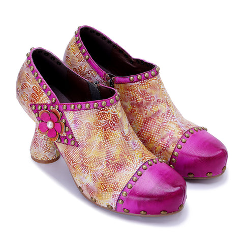 Womens Hot Pink Blossom Oxford Pumps - Hand-Painted Floral Chunky Heel Shoes (7cm) - Leather & Fabric Artisan Crafted