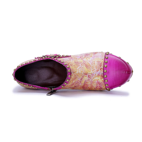 Womens Hot Pink Blossom Oxford Pumps - Hand-Painted Floral Chunky Heel Shoes (7cm) - Leather & Fabric Artisan Crafted
