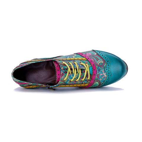 Botanical Garden Heeled Oxfords - Green Leather & Floral Fabric Wingtip Pumps - 6cm Chunky Heel