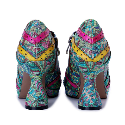 Botanical Garden Heeled Oxfords - Green Leather & Floral Fabric Wingtip Pumps - 6cm Chunky Heel