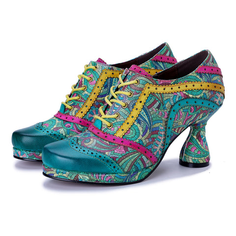 Botanical Garden Heeled Oxfords - Green Leather & Floral Fabric Wingtip Pumps - 6cm Chunky Heel