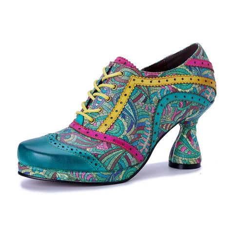 Botanical Garden Heeled Oxfords - Green Leather & Floral Fabric Wingtip Pumps - 6cm Chunky Heel