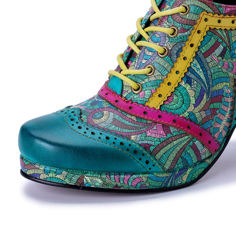 Botanical Garden Heeled Oxfords - Green Leather & Floral Fabric Wingtip Pumps - 6cm Chunky Heel