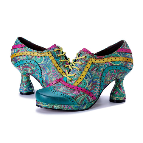 Botanical Garden Heeled Oxfords - Green Leather & Floral Fabric Wingtip Pumps - 6cm Chunky Heel