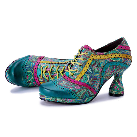 Botanical Garden Heeled Oxfords - Green Leather & Floral Fabric Wingtip Pumps - 6cm Chunky Heel
