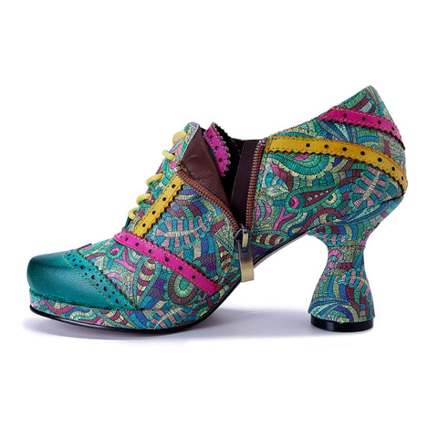 Botanical Garden Heeled Oxfords - Green Leather & Floral Fabric Wingtip Pumps - 6cm Chunky Heel