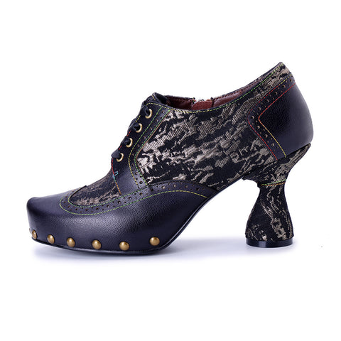Black Wingtip Oxford Pumps - Leather & Fabric Combination - Chunky 6cm Heel - Gothic Steampunk Brogue Shoe - Victorian Style Heeled Oxfords