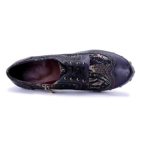 Black Wingtip Oxford Pumps - Leather & Fabric Combination - Chunky 6cm Heel - Gothic Steampunk Brogue Shoe - Victorian Style Heeled Oxfords