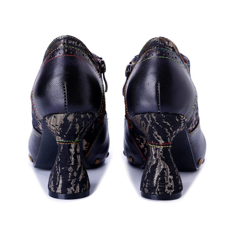 Black Wingtip Oxford Pumps - Leather & Fabric Combination - Chunky 6cm Heel - Gothic Steampunk Brogue Shoe - Victorian Style Heeled Oxfords