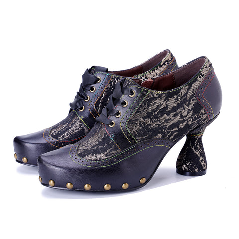 Black Wingtip Oxford Pumps - Leather & Fabric Combination - Chunky 6cm Heel - Gothic Steampunk Brogue Shoe - Victorian Style Heeled Oxfords