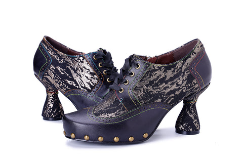 Black Wingtip Oxford Pumps - Leather & Fabric Combination - Chunky 6cm Heel - Gothic Steampunk Brogue Shoe - Victorian Style Heeled Oxfords