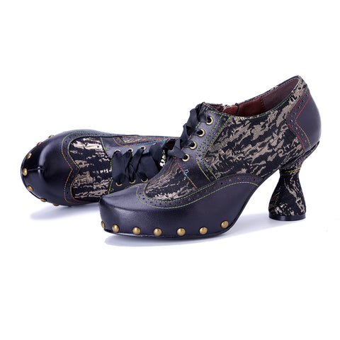 Black Wingtip Oxford Pumps - Leather & Fabric Combination - Chunky 6cm Heel - Gothic Steampunk Brogue Shoe - Victorian Style Heeled Oxfords