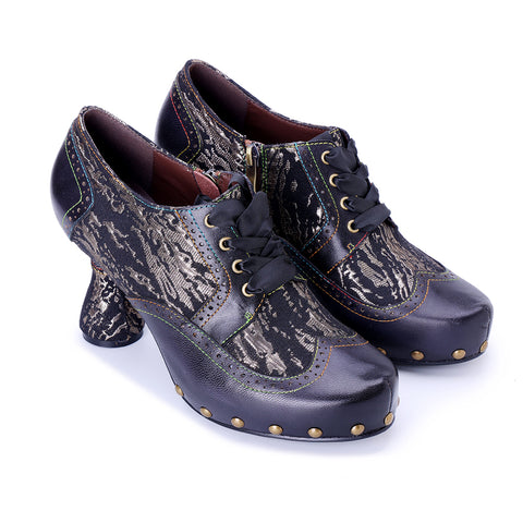 Black Wingtip Oxford Pumps - Leather & Fabric Combination - Chunky 6cm Heel - Gothic Steampunk Brogue Shoe - Victorian Style Heeled Oxfords