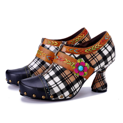 Artisan Patchwork Leather Oxford Pumps - 6cm Chunky Heel - Exotic Bohemian Style