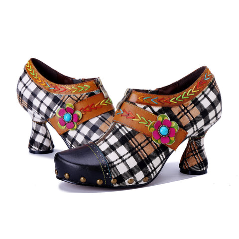 Artisan Patchwork Leather Oxford Pumps - 6cm Chunky Heel - Exotic Bohemian Style