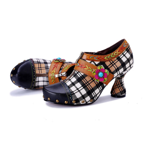 Artisan Patchwork Leather Oxford Pumps - 6cm Chunky Heel - Exotic Bohemian Style