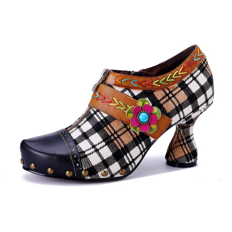 Artisan Patchwork Leather Oxford Pumps - 6cm Chunky Heel - Exotic Bohemian Style