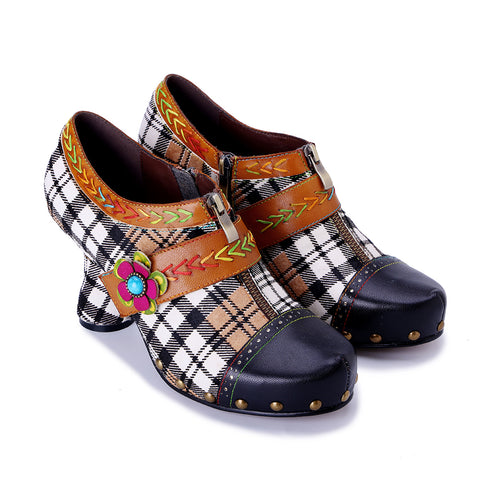 Artisan Patchwork Leather Oxford Pumps - 6cm Chunky Heel - Exotic Bohemian Style