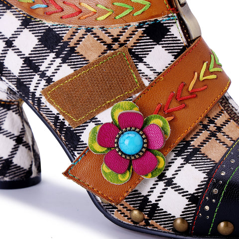 Artisan Patchwork Leather Oxford Pumps - 6cm Chunky Heel - Exotic Bohemian Style