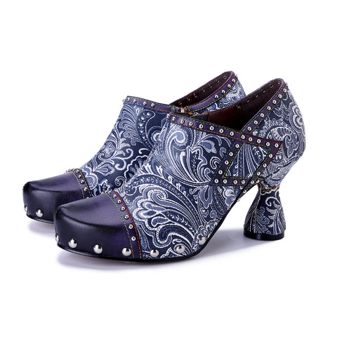 Artisan Blue Paisley Floral Oxford Pumps - Printed Leather Chunky Heel Shoes - 6cm Block Heel