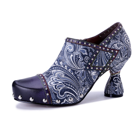 Artisan Blue Paisley Floral Oxford Pumps - Printed Leather Chunky Heel Shoes - 6cm Block Heel