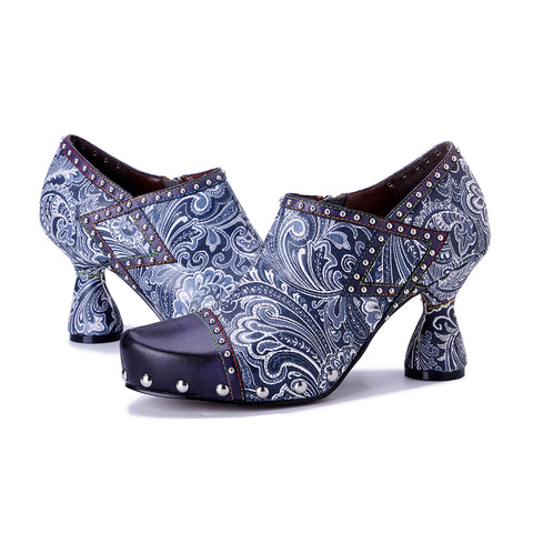 Artisan Blue Paisley Floral Oxford Pumps - Printed Leather Chunky Heel Shoes - 6cm Block Heel