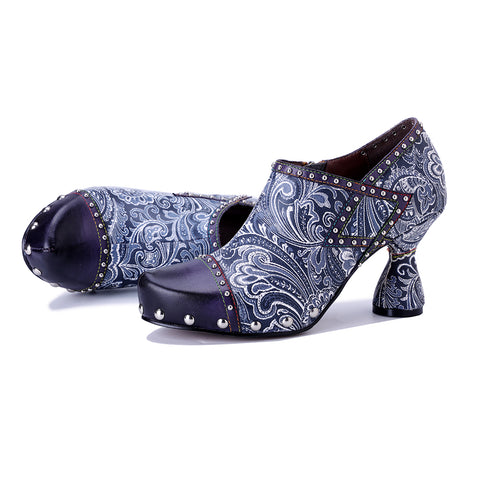 Artisan Blue Paisley Floral Oxford Pumps - Printed Leather Chunky Heel Shoes - 6cm Block Heel
