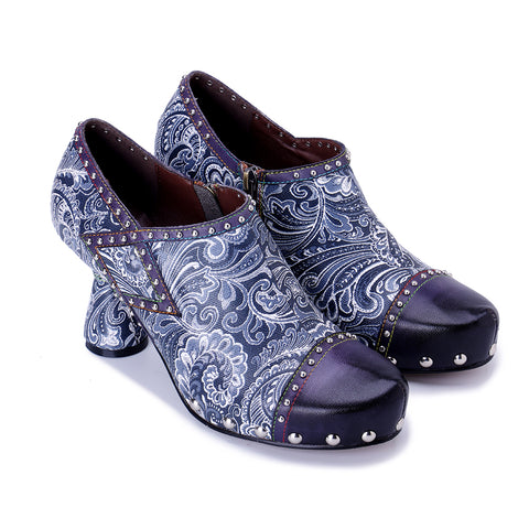Artisan Blue Paisley Floral Oxford Pumps - Printed Leather Chunky Heel Shoes - 6cm Block Heel