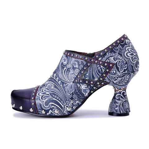 Artisan Blue Paisley Floral Oxford Pumps - Printed Leather Chunky Heel Shoes - 6cm Block Heel