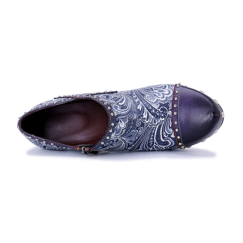 Artisan Blue Paisley Floral Oxford Pumps - Printed Leather Chunky Heel Shoes - 6cm Block Heel