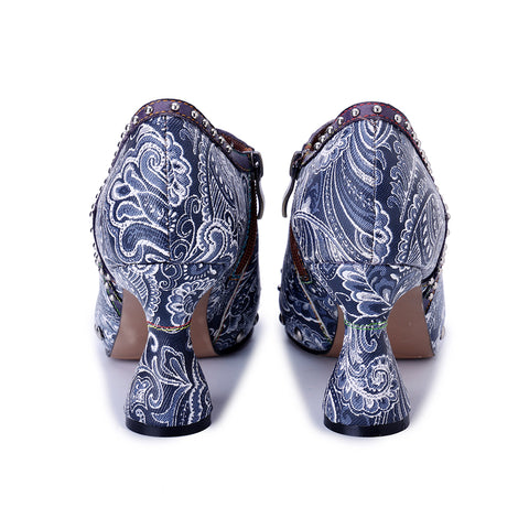 Artisan Blue Paisley Floral Oxford Pumps - Printed Leather Chunky Heel Shoes - 6cm Block Heel