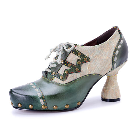 Retro Edge Studded Oxford Pumps - Women’s Chunky Heel Lace-Up Shoes (7 cm) - Leather & Fabric Combo