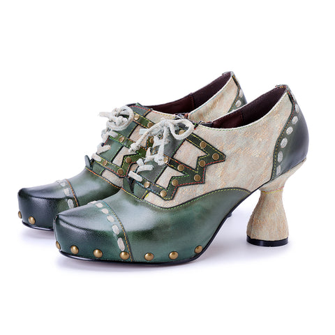 Retro Edge Studded Oxford Pumps - Women’s Chunky Heel Lace-Up Shoes (7 cm) - Leather & Fabric Combo
