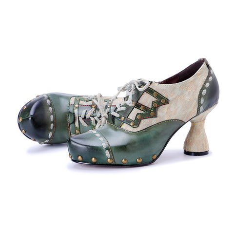 Retro Edge Studded Oxford Pumps - Women’s Chunky Heel Lace-Up Shoes (7 cm) - Leather & Fabric Combo