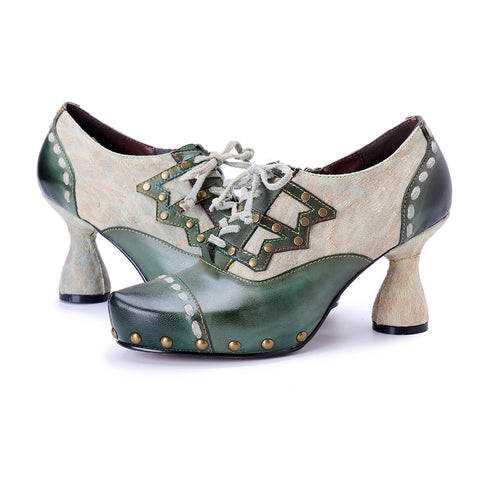 Retro Edge Studded Oxford Pumps - Women’s Chunky Heel Lace-Up Shoes (7 cm) - Leather & Fabric Combo