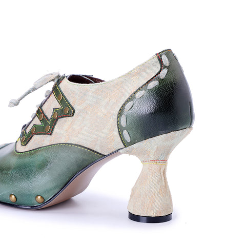 Retro Edge Studded Oxford Pumps - Women’s Chunky Heel Lace-Up Shoes (7 cm) - Leather & Fabric Combo