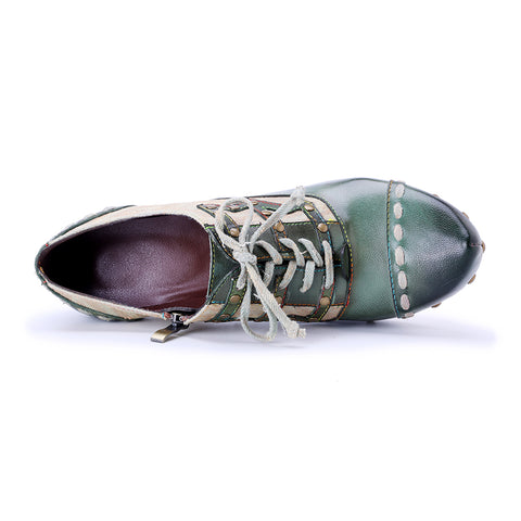 Retro Edge Studded Oxford Pumps - Women’s Chunky Heel Lace-Up Shoes (7 cm) - Leather & Fabric Combo
